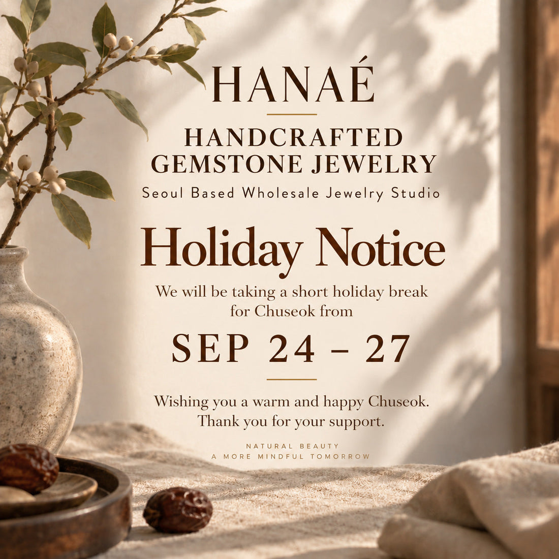 HANAÉ Chuseok holiday notice, September 24 to 27, 2026
