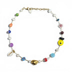 HANAÉ Curated Playful Mix Gemstone Necklace in gold-tone finish, featuring colorful jade, Venetian glass beads, freshwater pearls, cowrie shell accents and playful ceramic details.