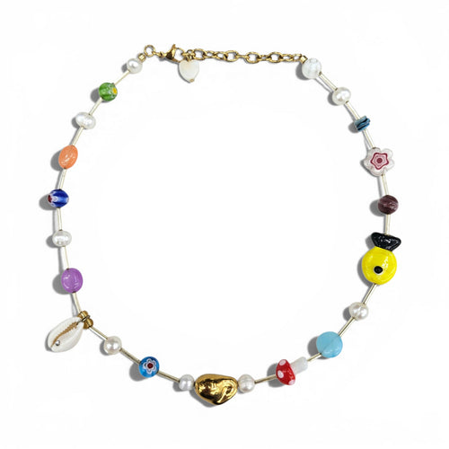 HANAÉ Curated Playful Mix Gemstone Necklace in gold-tone finish, featuring colorful jade, Venetian glass beads, freshwater pearls, cowrie shell accents and playful ceramic details.