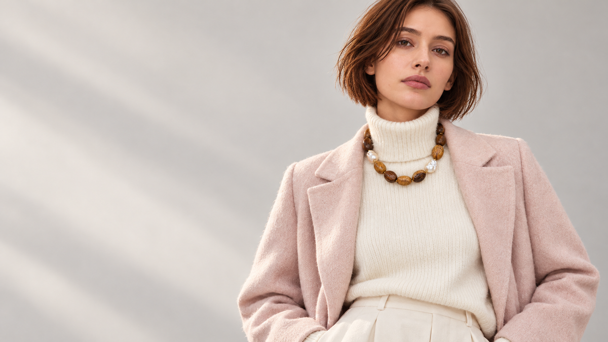 Model wearing the LUMÉA by HANAÉ LM-N-043 gemstone necklace with a blush coat and ivory knit for FW 2026.