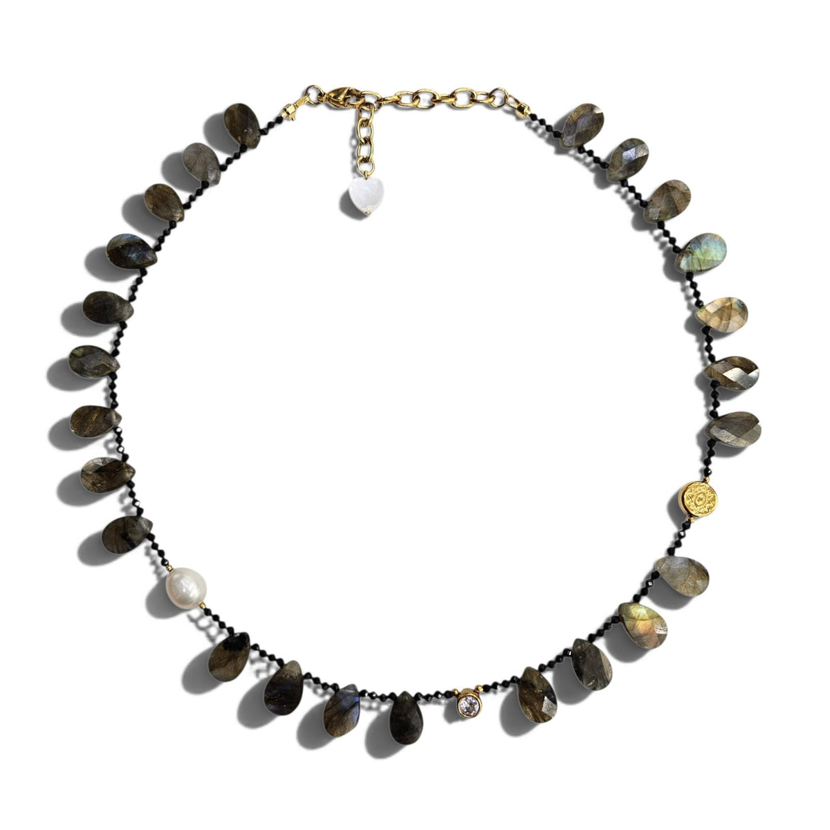 LM-N-065 Labradorite necklace with Yellow Tiger Eye, freshwater pearl and Steel