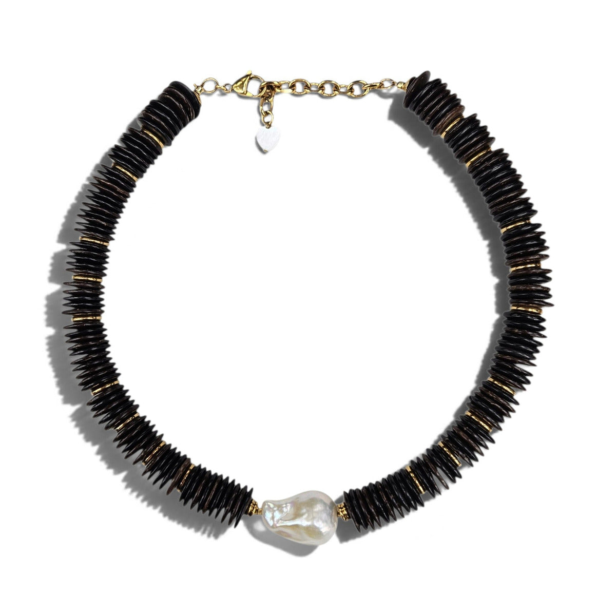 LM-N-071 Coconut wood and baroque pearl necklace