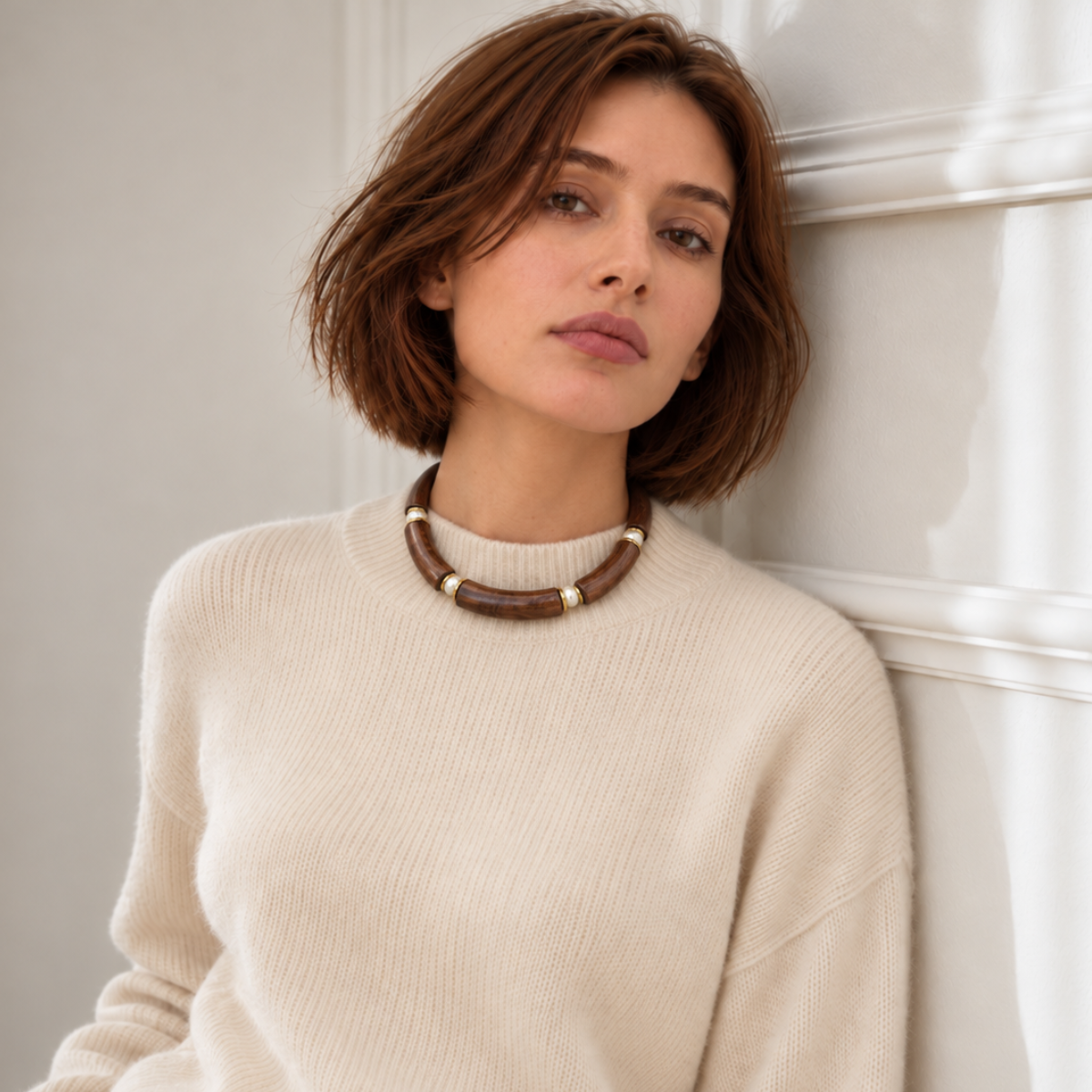 LUMÉA by HANAÉ Desert Rain Necklace featuring curved ebony wood beads, freshwater pearl accents, and gold-tone stainless steel components.